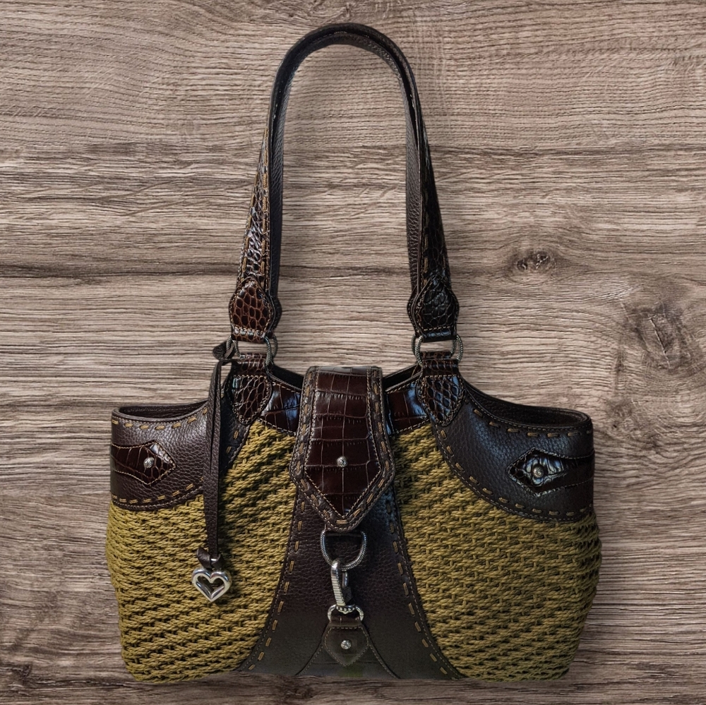 Brighton Woven Shoulder Bag W/ Brown Croc & Pebbled Leather, Silvertone Hardware